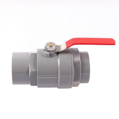 High quality low price light grey body two pieces plastic pvc ball valve with red long stainless steel handle